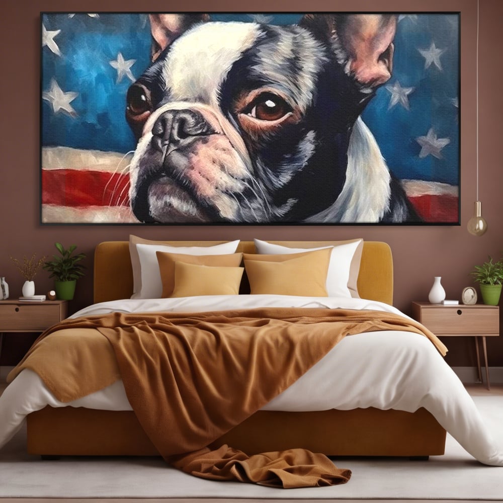 Tablou canvas cu tablou pictura caine boston terrier, in rama de aluminiu negru, pe perete intr-un dormitor